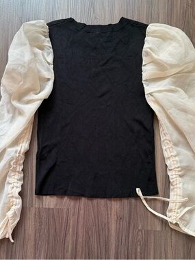 Zara Black Knit Top with Cream Puff Sleeves
